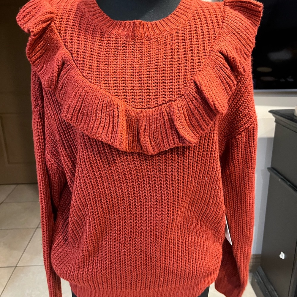 Elegant Ruffled Knit Sweater - Rust - Picture 2 of 4